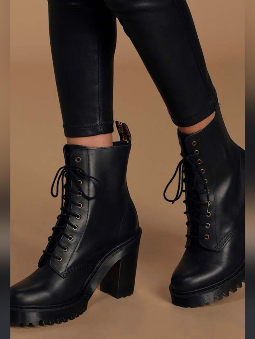 Lulu's Black Leather Lace-Up Heeled Combat Boots